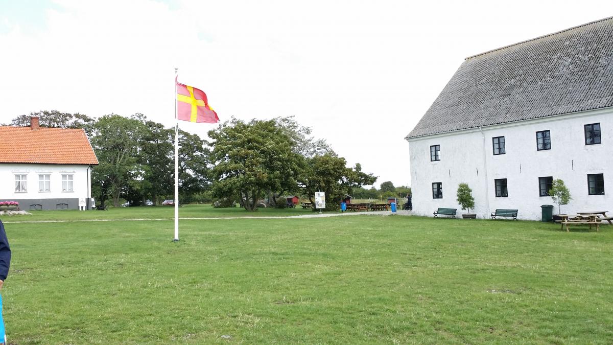 Una casa típica d'Escània i la seva bandera