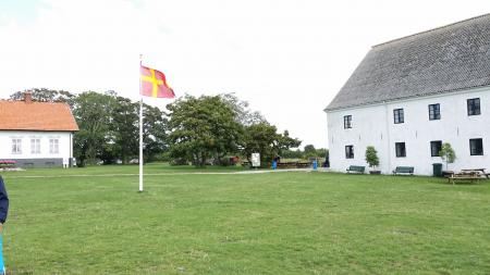 Una casa típica d'Escània i la seva bandera